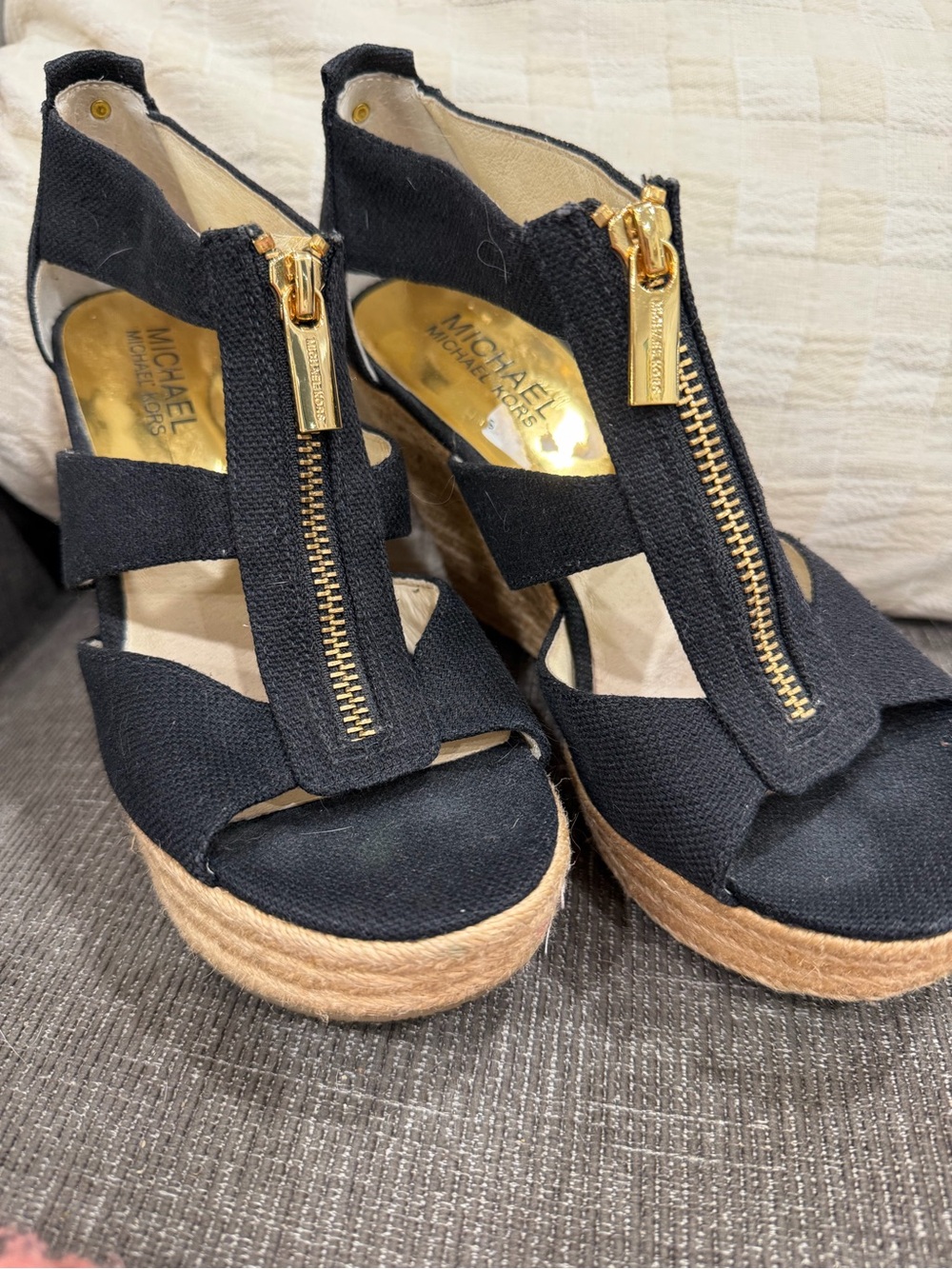 MICHAEL Michael Kors Black Canvas Espadrille Wedge Sandals with Gold Zip